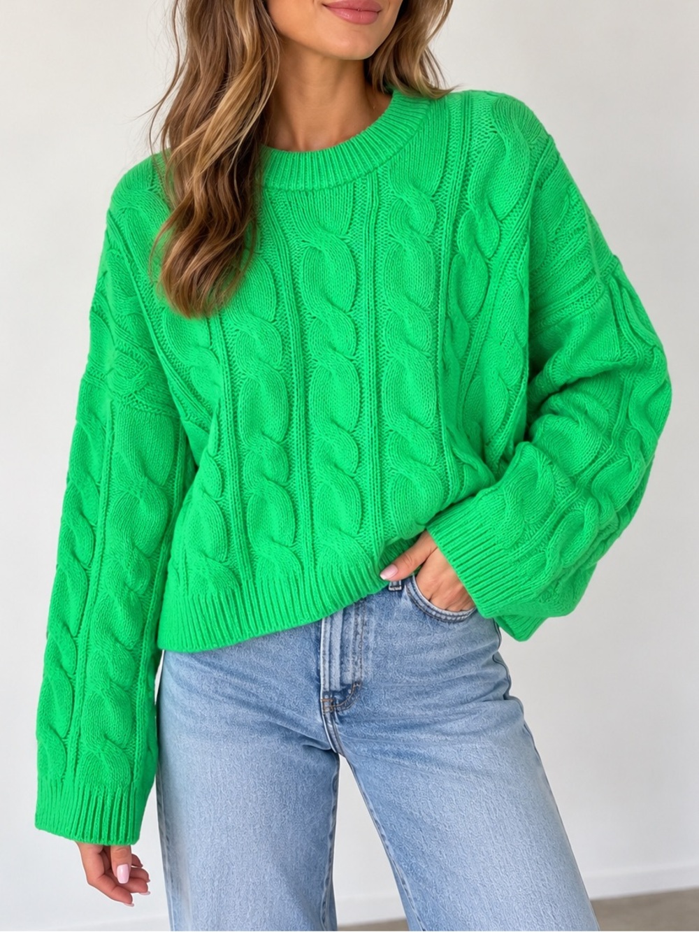 ASOS Neon Green Cable Knit Oversized Crewneck Sweater. Size 4